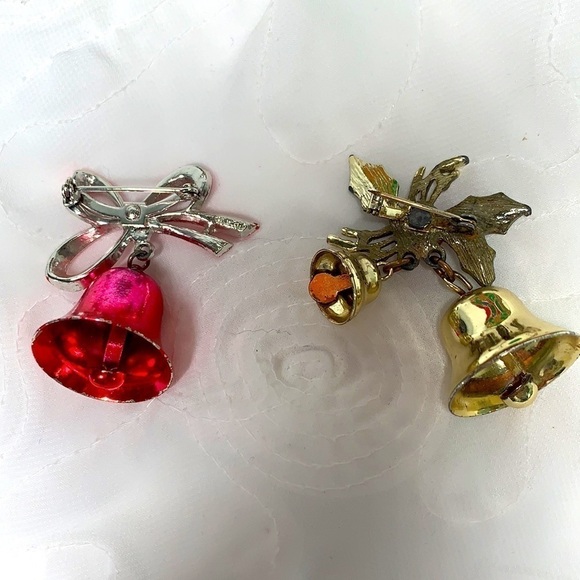 Set of Two Vintage Painted Metal Holiday Bell Brooches-Red/Gold/Green - Picture 2 of 2